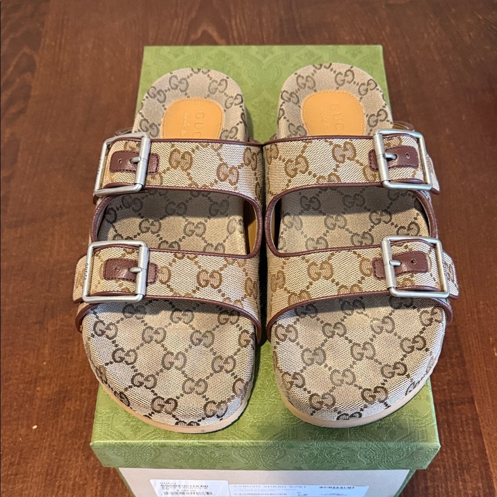 Gucci Beige Brown GG Canvas Double-Buckle Slide Sandals